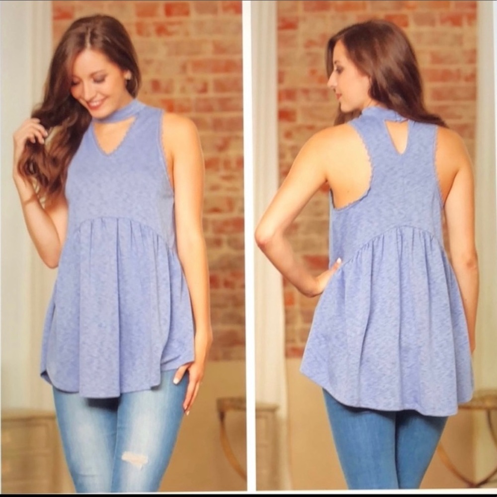 New! Sleeveless Halter Choker Blue Babydoll Tunic Triblend Scallop Arm Top